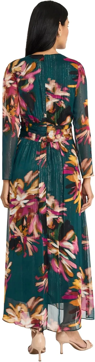 Maggy London Women's Floral Maxi Wrap Long Sleeve V-Neck-Elegant Wedding Guest Dress