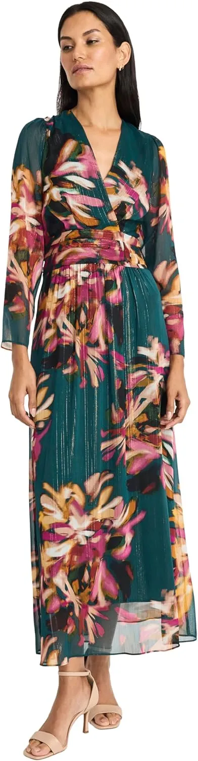 Maggy London Women's Floral Maxi Wrap Long Sleeve V-Neck-Elegant Wedding Guest Dress