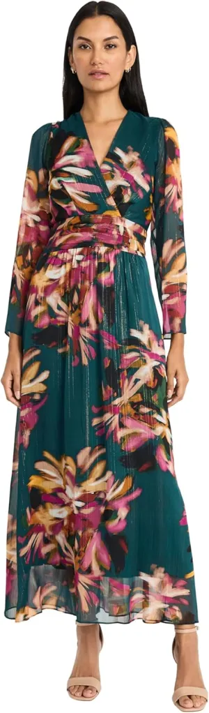 Maggy London Women's Floral Maxi Wrap Long Sleeve V-Neck-Elegant Wedding Guest Dress