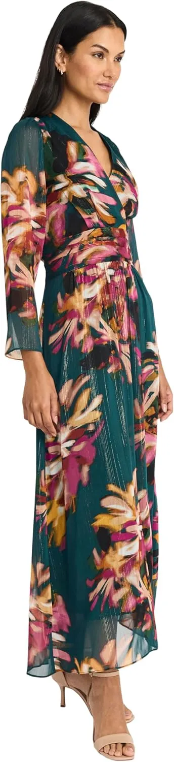 Maggy London Women's Floral Maxi Wrap Long Sleeve V-Neck-Elegant Wedding Guest Dress