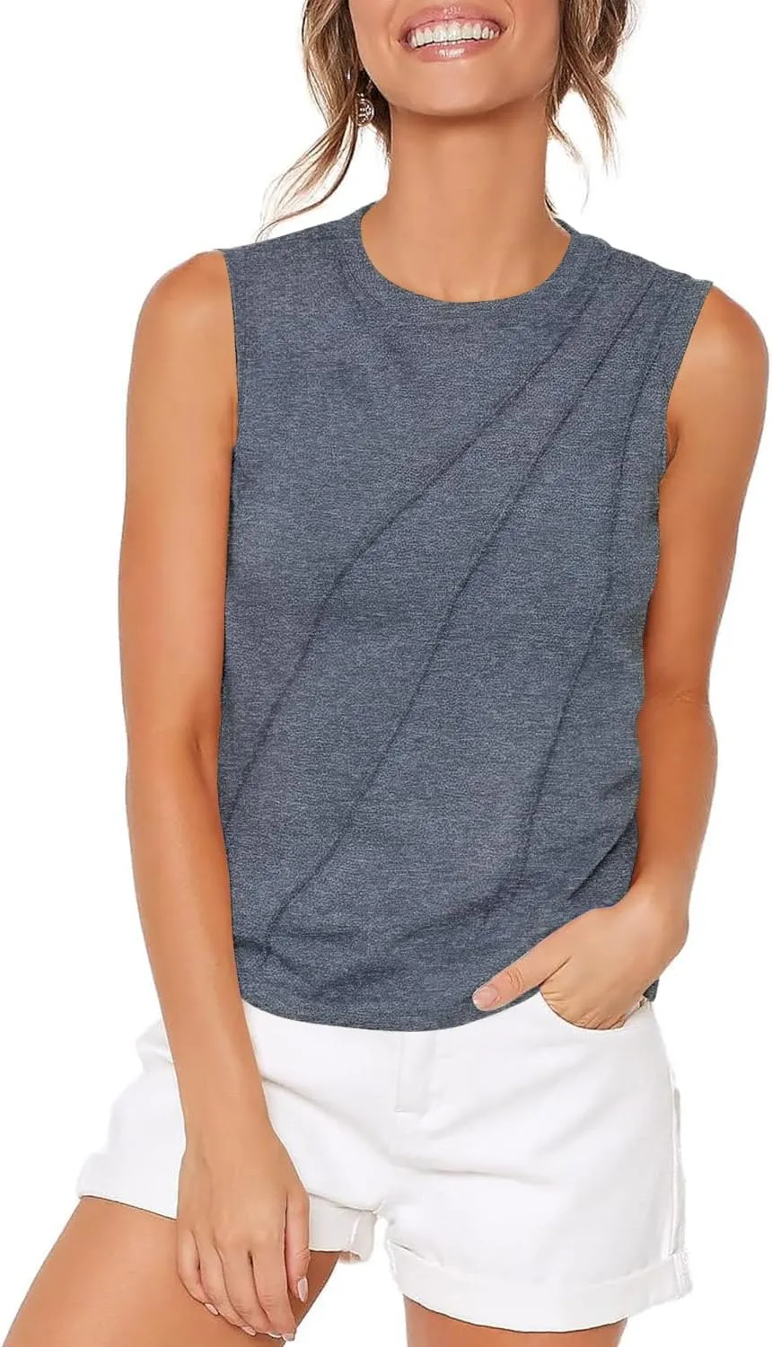 Magritta Womens 2025 Trendy Summer Tank Tops Casual Round Neck Sleeveless Shirts Pleated Work Blouse for Women Dressy