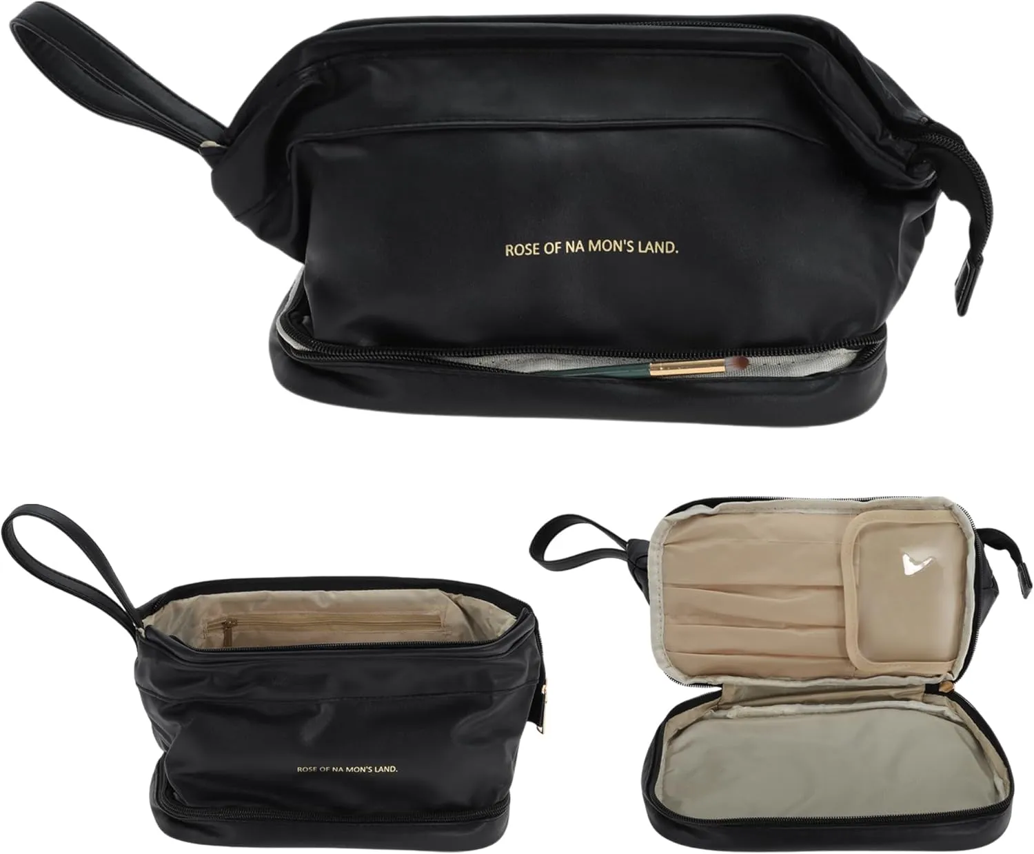 Makeup Bag, Double Layer Travel Cosmetic Bag for Women, Toiletry Bag, Waterproof and Durable Make Up Bag with Makeup Brush Storage Bag, Black