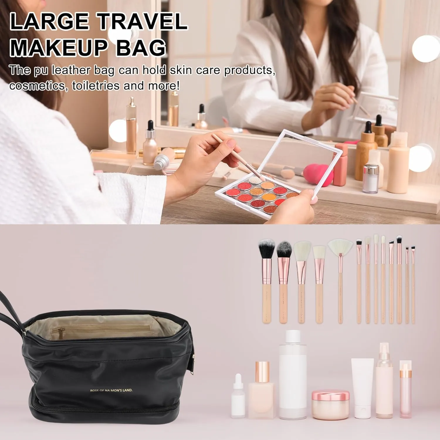 Makeup Bag, Double Layer Travel Cosmetic Bag for Women, Toiletry Bag, Waterproof and Durable Make Up Bag with Makeup Brush Storage Bag, Black