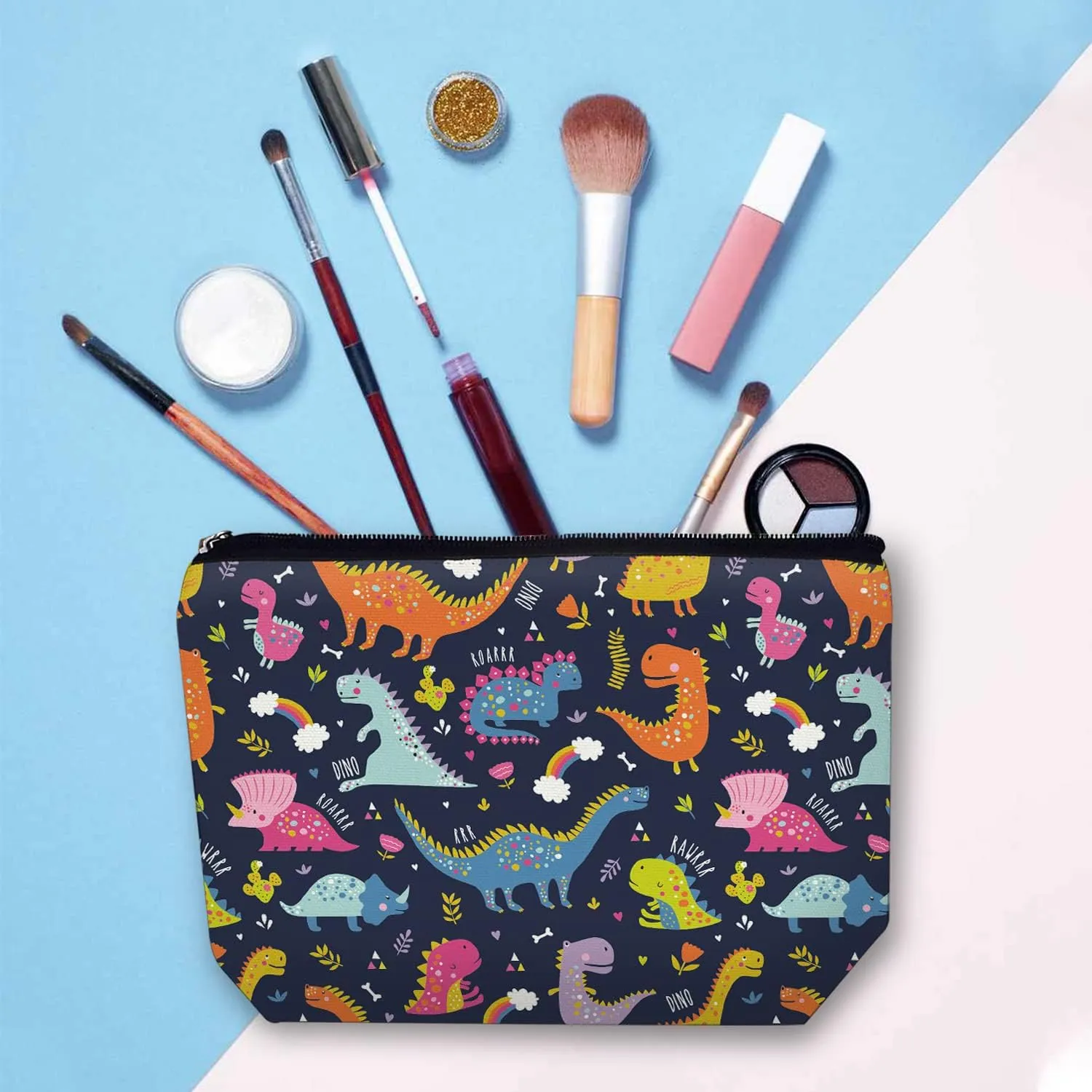 Makeup Bag for Women Travel Makeup Bag Large Cosmetic Bag Zipper Pouch Toiletry Bags Makeup Organizer Bag 7X10in - Cute Dinosaur