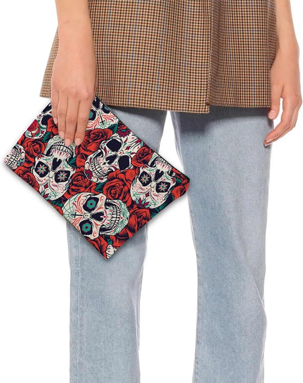 Makeup Bag for Women Travel Makeup Bag Large Cosmetic Bag Zipper Pouch Toiletry Bags Makeup Organizer Bag 7X10in - Skull Flower