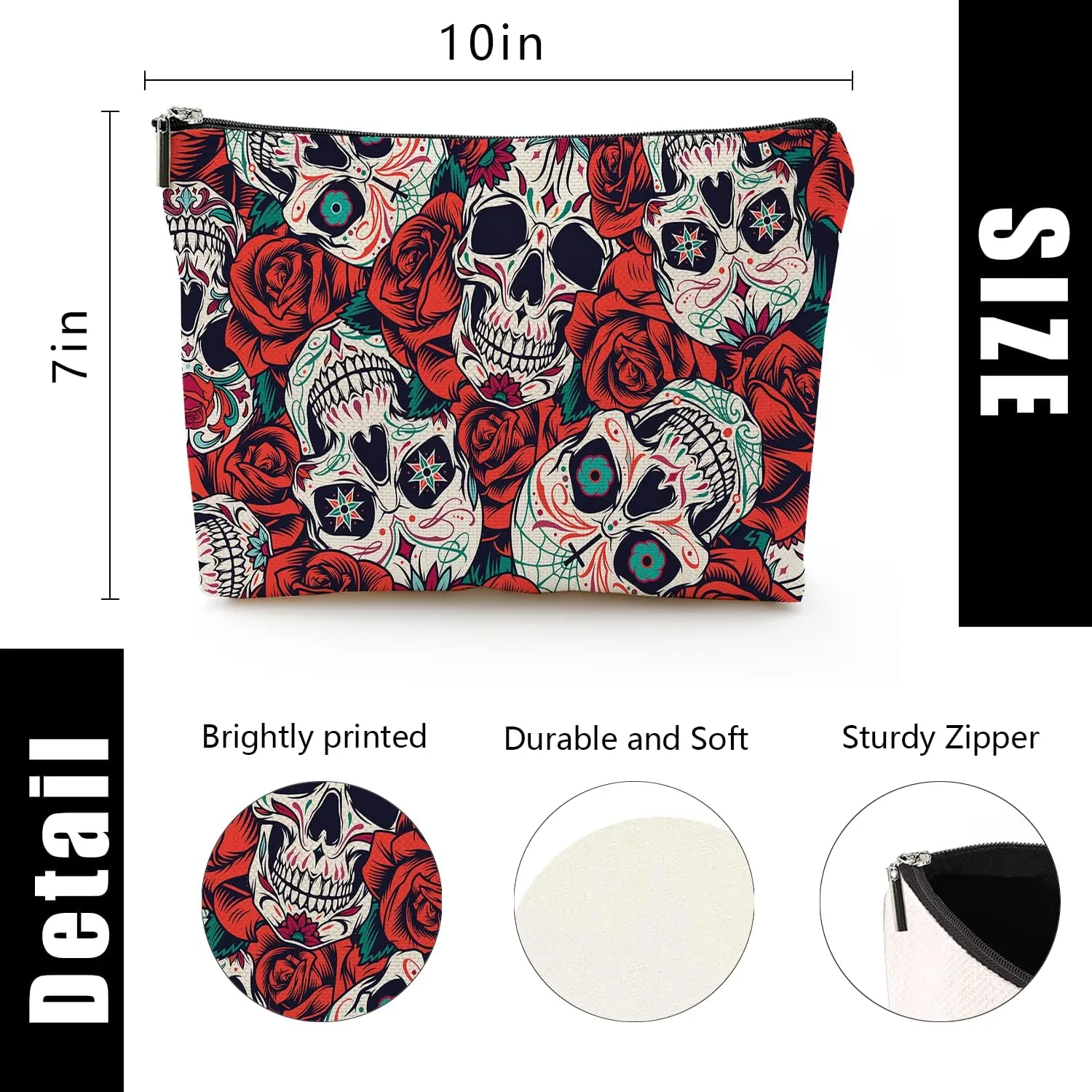 Makeup Bag for Women Travel Makeup Bag Large Cosmetic Bag Zipper Pouch Toiletry Bags Makeup Organizer Bag 7X10in - Skull Flower