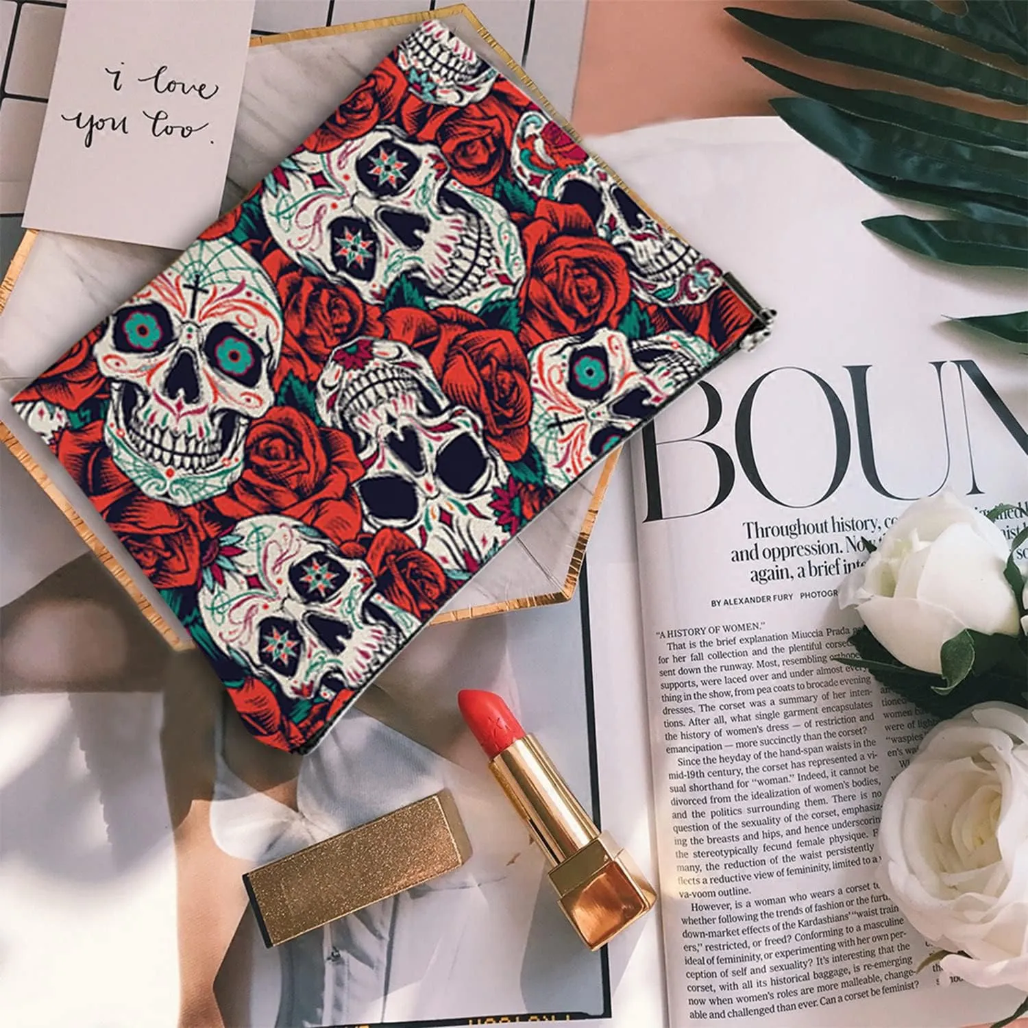 Makeup Bag for Women Travel Makeup Bag Large Cosmetic Bag Zipper Pouch Toiletry Bags Makeup Organizer Bag 7X10in - Skull Flower