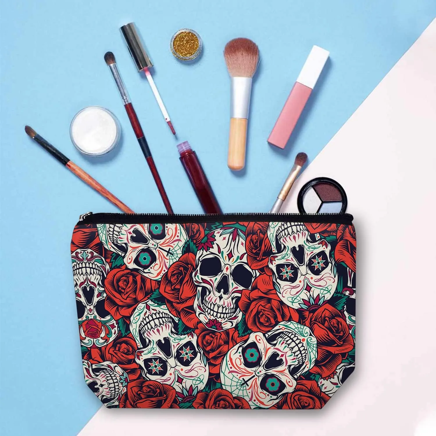 Makeup Bag for Women Travel Makeup Bag Large Cosmetic Bag Zipper Pouch Toiletry Bags Makeup Organizer Bag 7X10in - Skull Flower