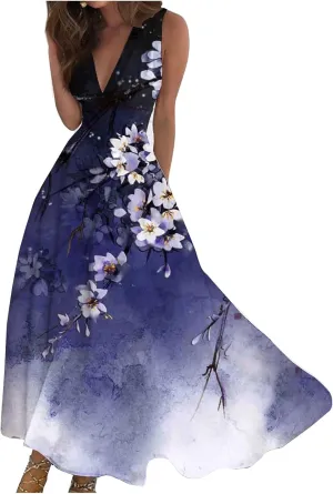 Maxi Dress Women's Loose V Neck Outdoor Sleeveless Ladies Weekend Floral Print 2024 Line Summer Swing Streetwear