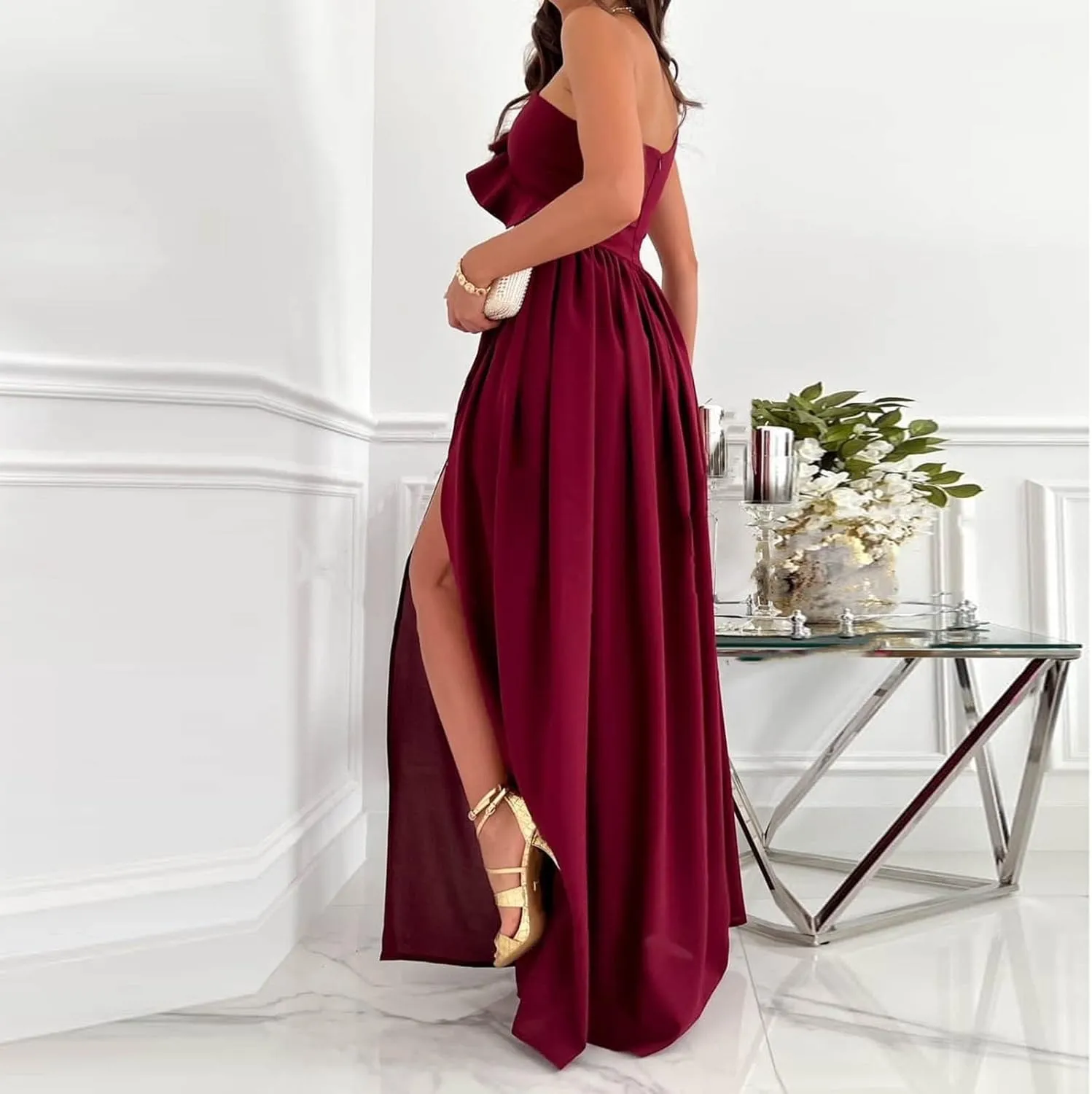 Maxi Dresses for Women One The Shoulder Dress Flowy Long Dresses Sexy Split Party Dress Trendy Ruffle Sundresses
