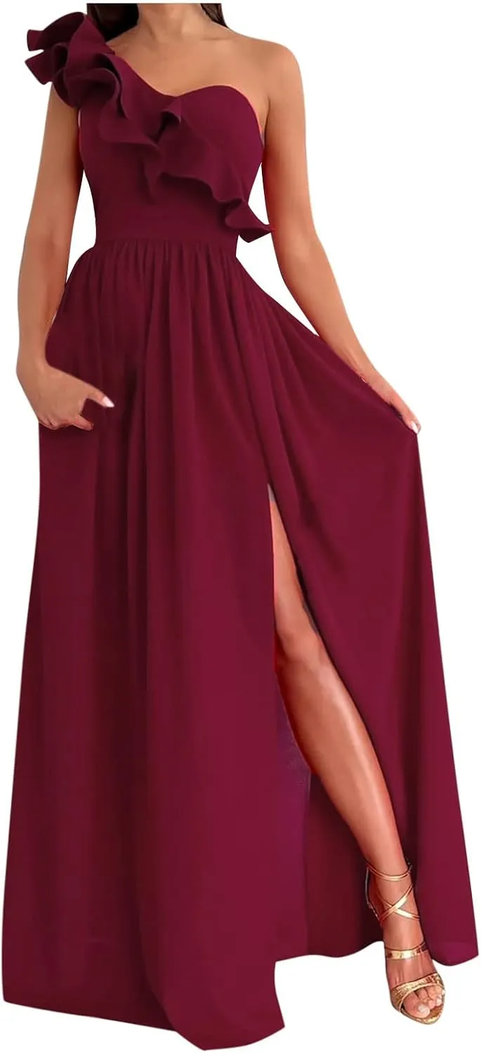 Maxi Dresses for Women One The Shoulder Dress Flowy Long Dresses Sexy Split Party Dress Trendy Ruffle Sundresses