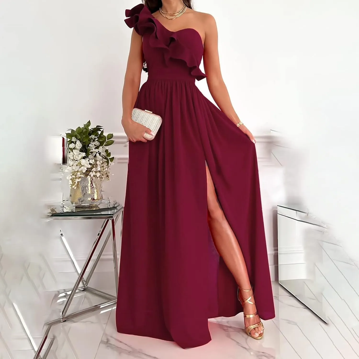Maxi Dresses for Women One The Shoulder Dress Flowy Long Dresses Sexy Split Party Dress Trendy Ruffle Sundresses