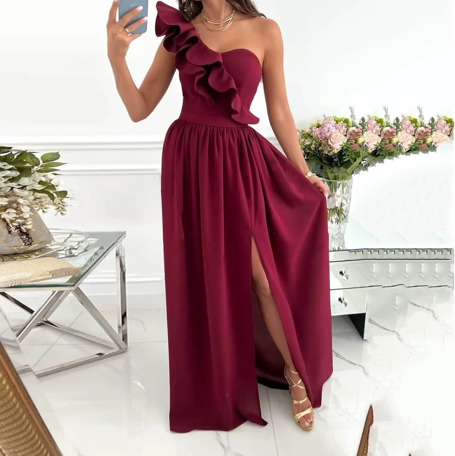 Maxi Dresses for Women One The Shoulder Dress Flowy Long Dresses Sexy Split Party Dress Trendy Ruffle Sundresses