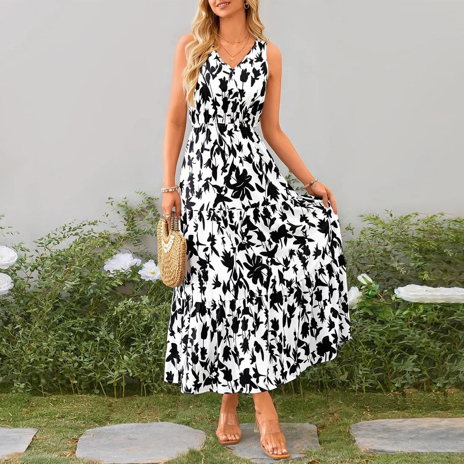Maxi Dresses for Women Summer Wrap V Neck Long Floral Dress Elegant Formal Wedding Guest Dresses Boho Flowy Sundress