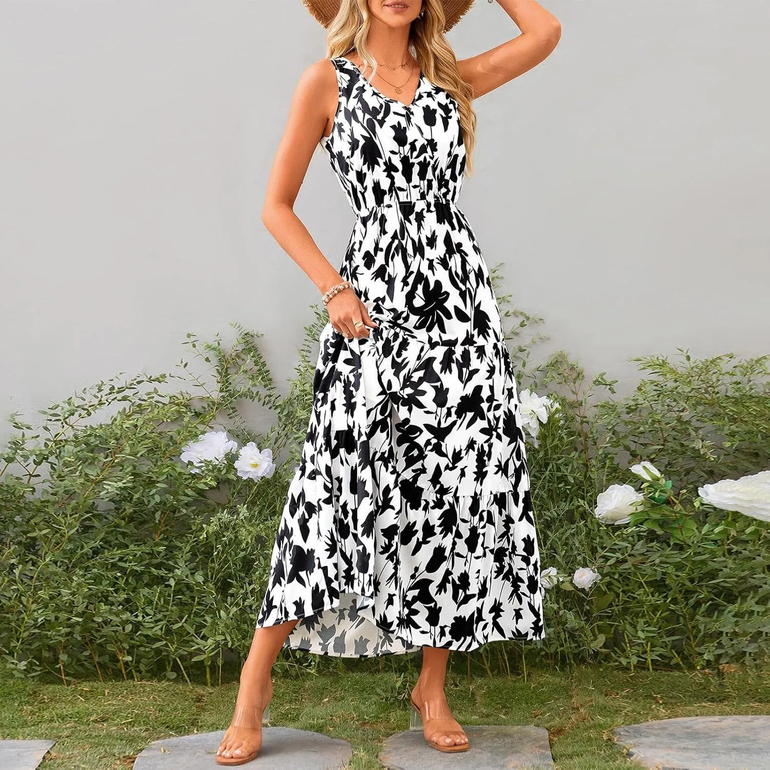 Maxi Dresses for Women Summer Wrap V Neck Long Floral Dress Elegant Formal Wedding Guest Dresses Boho Flowy Sundress