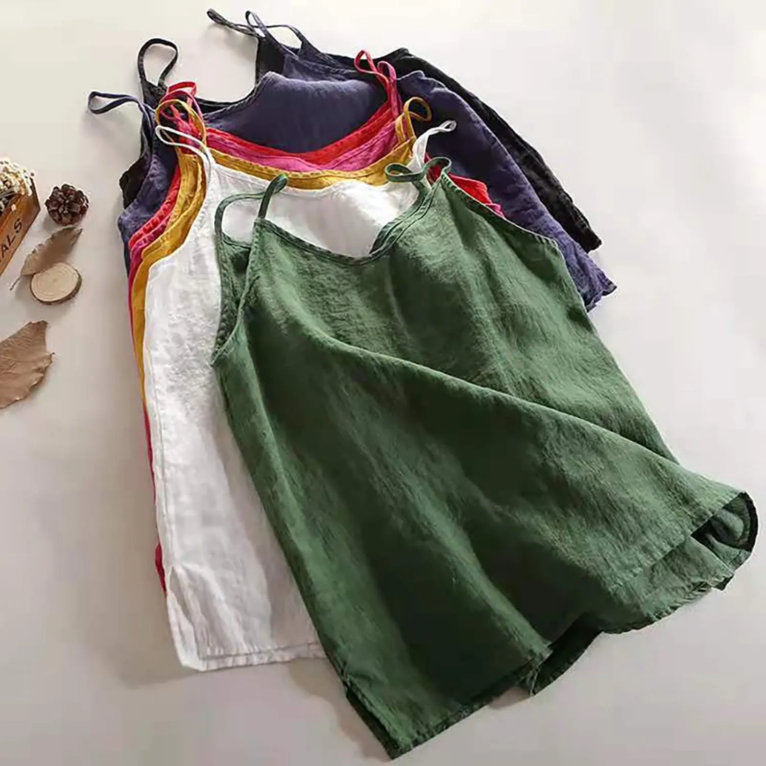 Mayntop Women Camisole Cotton Linen Spaghetti Strap Cami Top Sleeveless V-Neck Solid Color Plain Loose Basic Tank