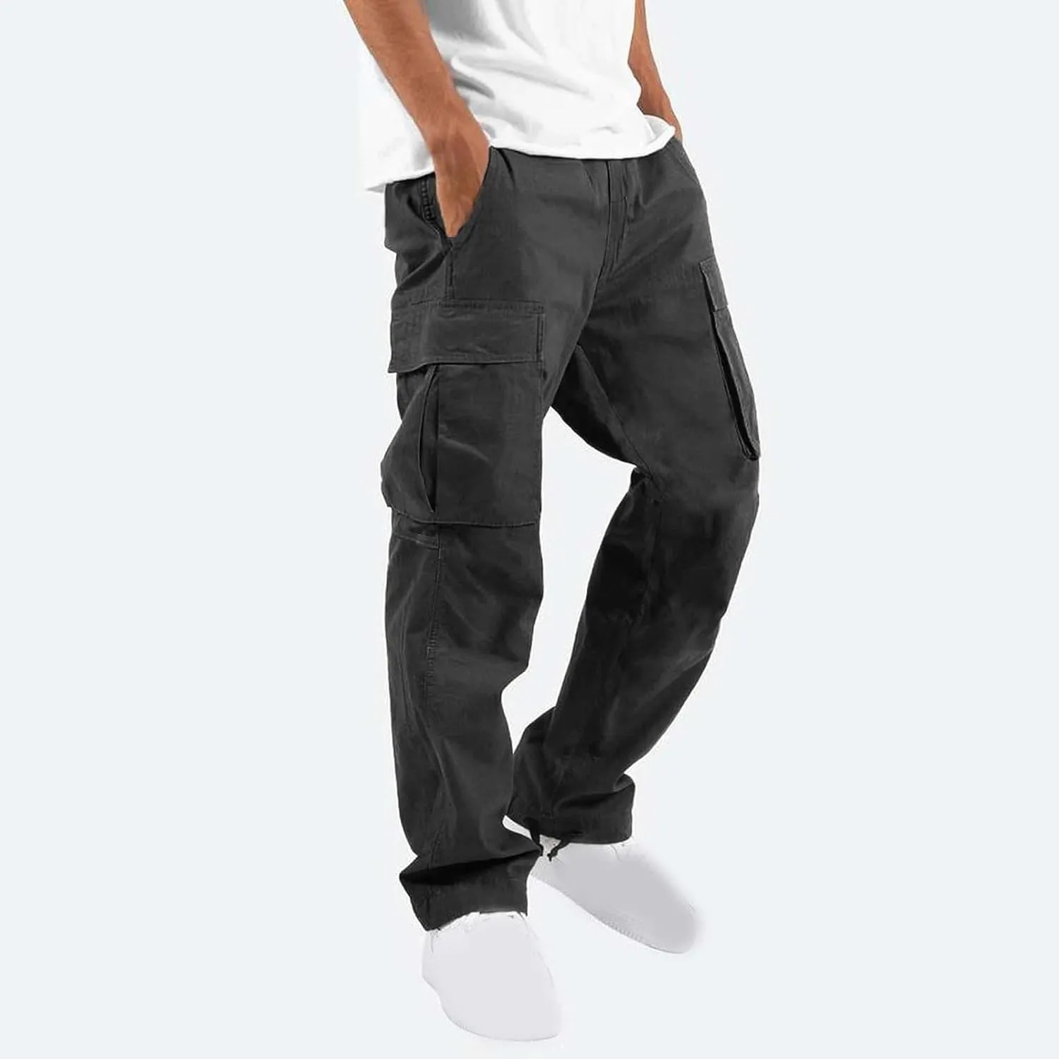 Mens Cargo Pants Classic Fit Cotton Drawstring Casual Joggers Athletic Trousers Elastic Waist Straight Sweatpants