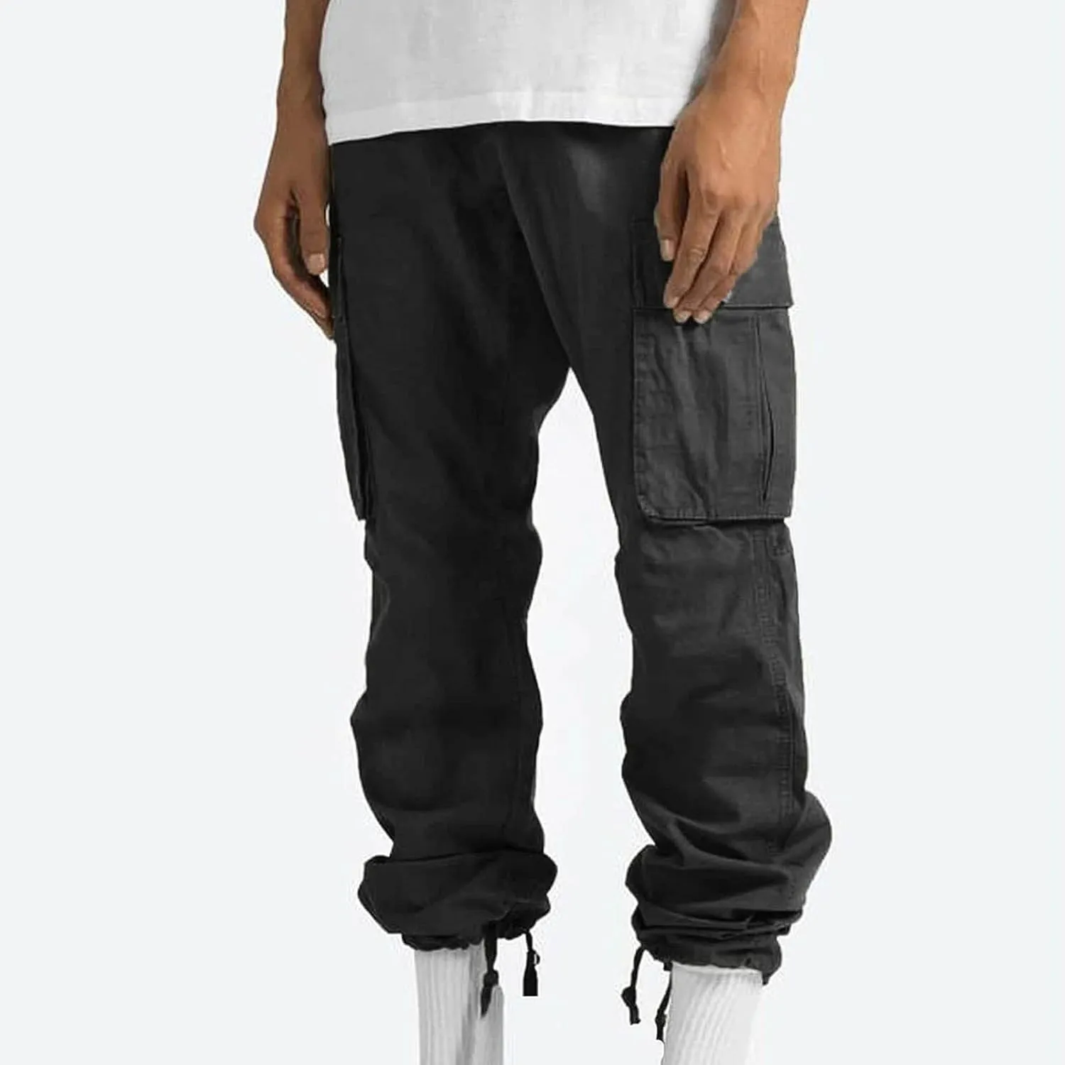Mens Cargo Pants Classic Fit Cotton Drawstring Casual Joggers Athletic Trousers Elastic Waist Straight Sweatpants