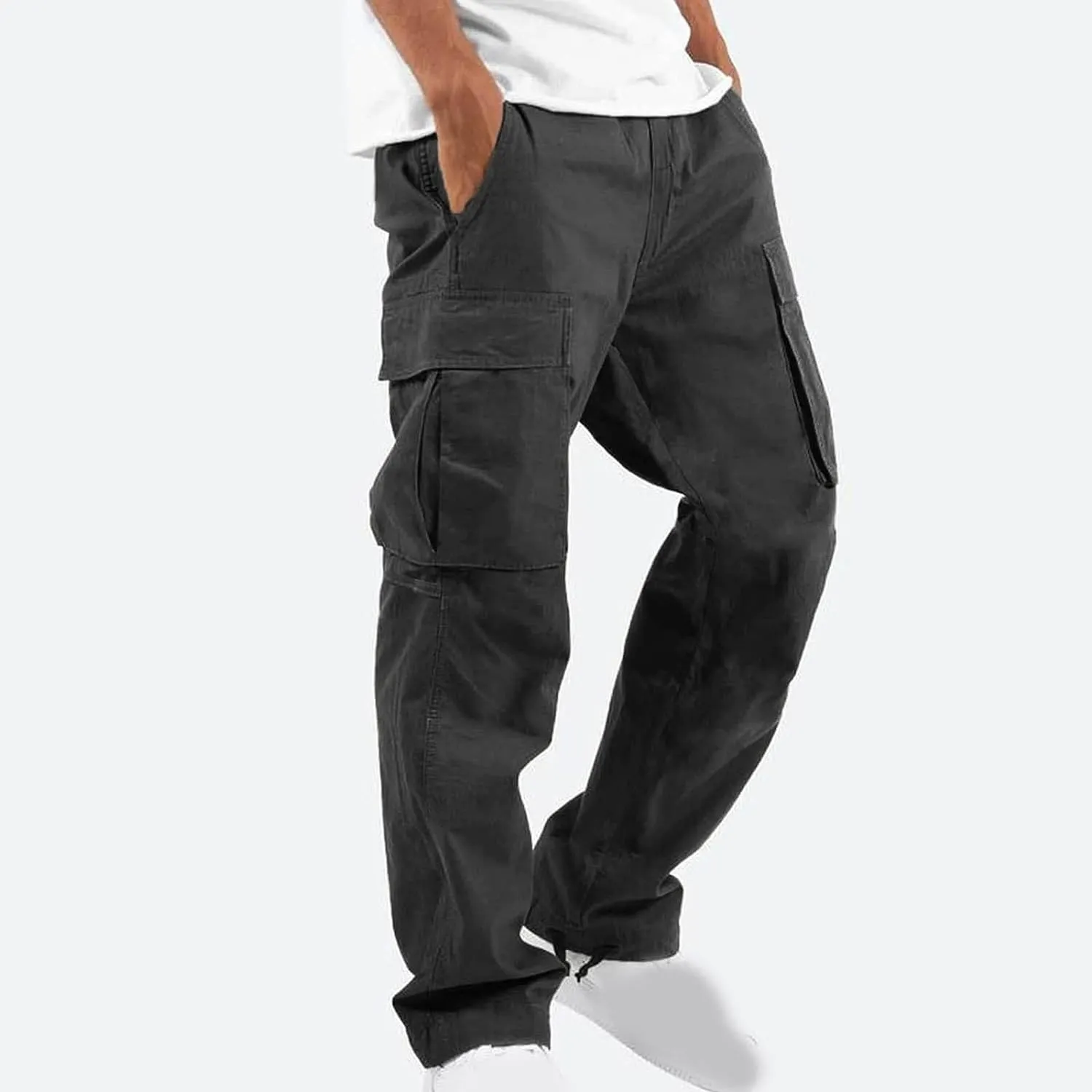 Mens Cargo Pants Classic Fit Cotton Drawstring Casual Joggers Athletic Trousers Elastic Waist Straight Sweatpants
