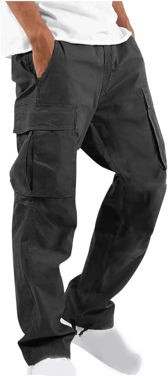 Mens Cargo Pants Classic Fit Cotton Drawstring Casual Joggers Athletic Trousers Elastic Waist Straight Sweatpants