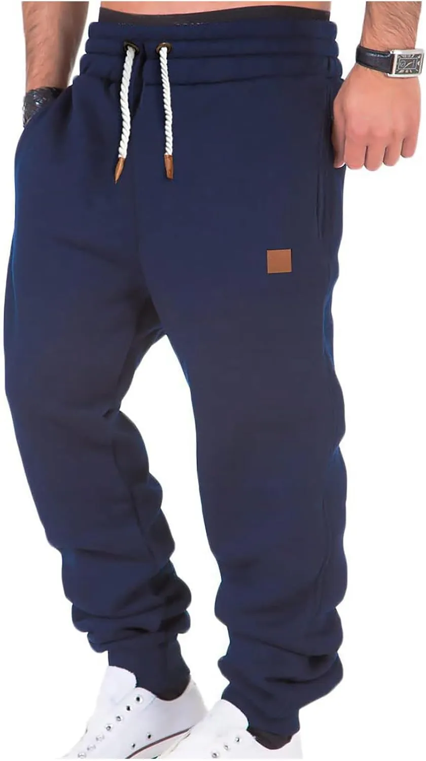 Mens Casual Pants Drawstring Elastic Waist Sports Sweatpants Cotton Solid Loose Trousers Classic-Fit Long Pant