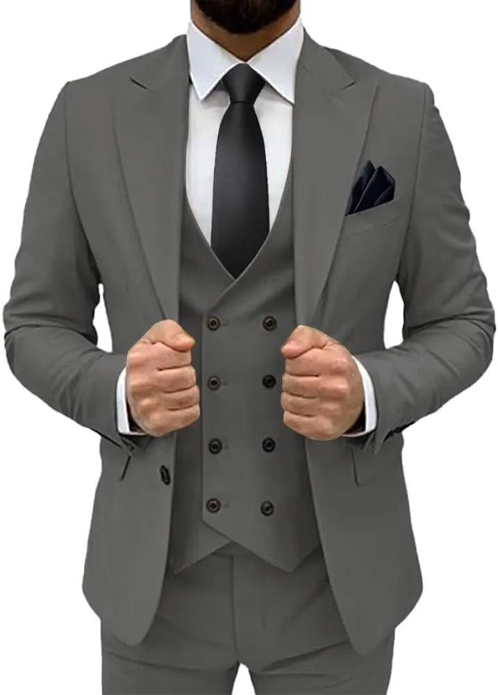 Men's Classic Fit Slim Double Breasted Suit - Formal Suit with Blazer, Pants & Vest