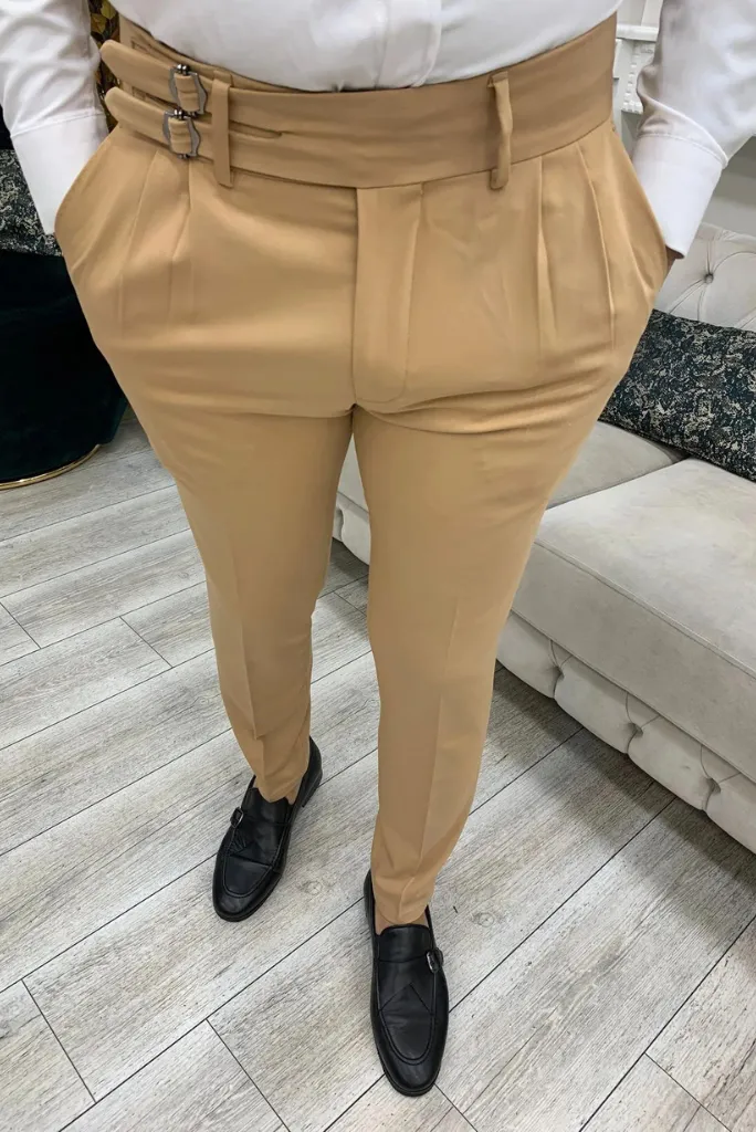 Men's Formal Elegant Pant Beige Double buckle Trouser Wedding Pant for groomsmen