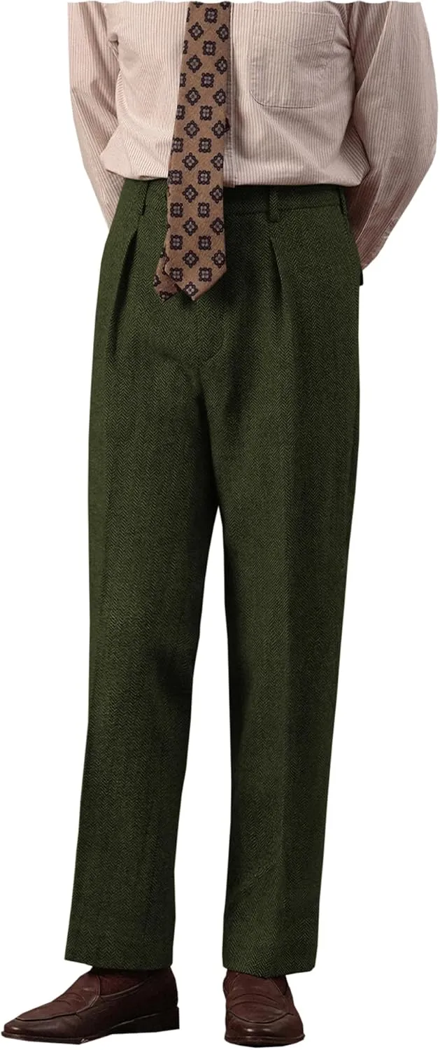 Mens High Waisted Tweed Pleated Front Dress Pant Classic Fit