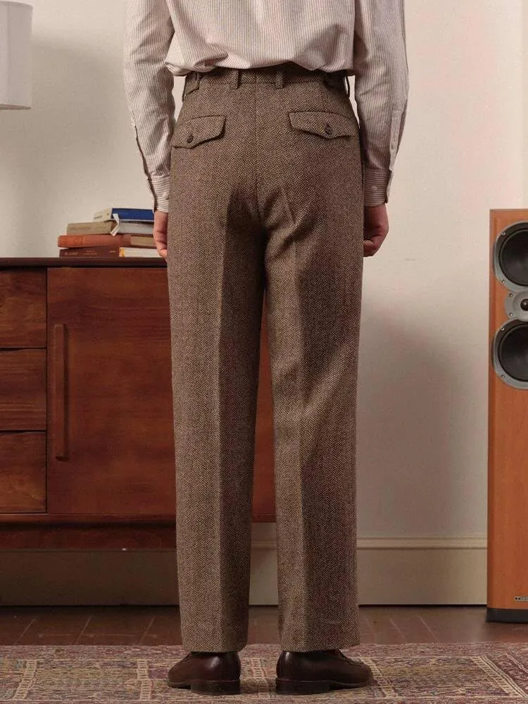 Mens High Waisted Tweed Pleated Front Dress Pant Classic Fit