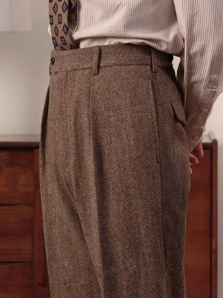 Mens High Waisted Tweed Pleated Front Dress Pant Classic Fit