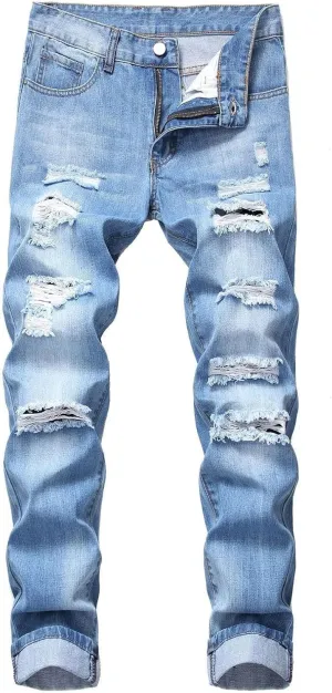 Men's Jeans Stretch Straight Wash Casual Sport Slim Fit Jeans Drawstring Elasticated Waist Denim Pants with Pockets