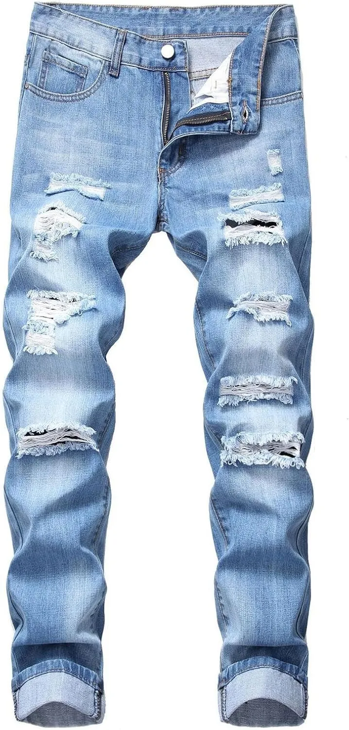 Men's Jeans Stretch Straight Wash Casual Sport Slim Fit Jeans Drawstring Elasticated Waist Denim Pants with Pockets