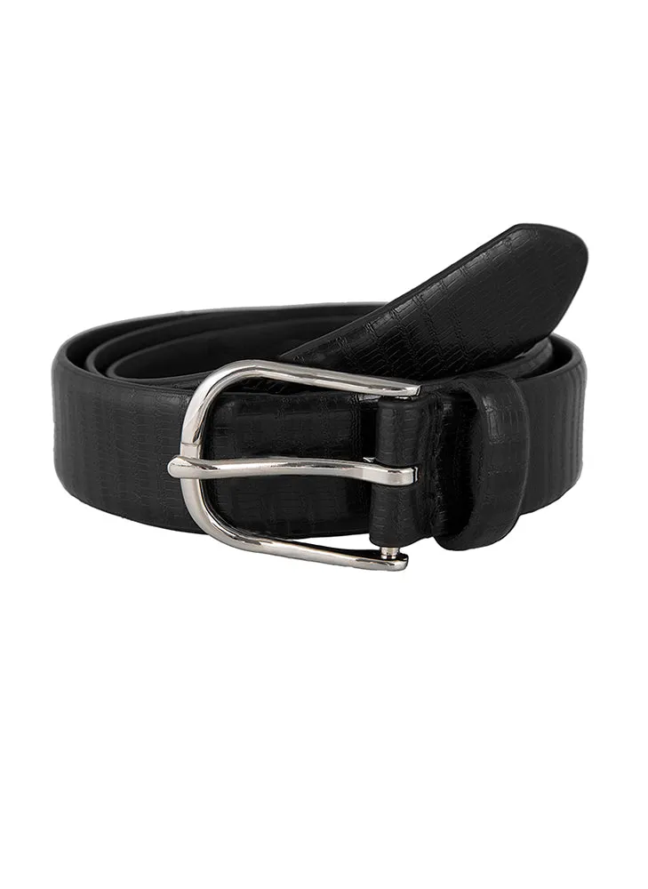 Men's Lizard-Print Leather Belt with Shiny Silver Buckle