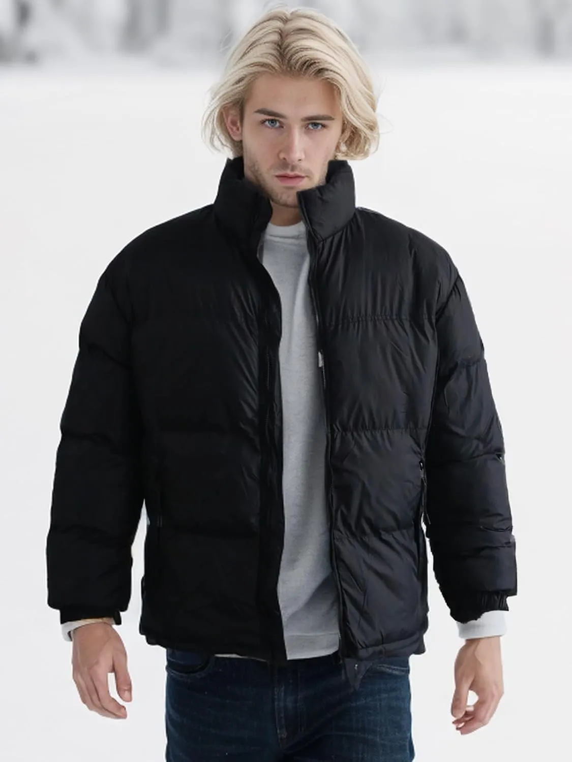 Men's Puffer Jacket Thickened Winter Coat Warm Stand Collar Color Block Zip Up Jacket Ski Bubble Coat