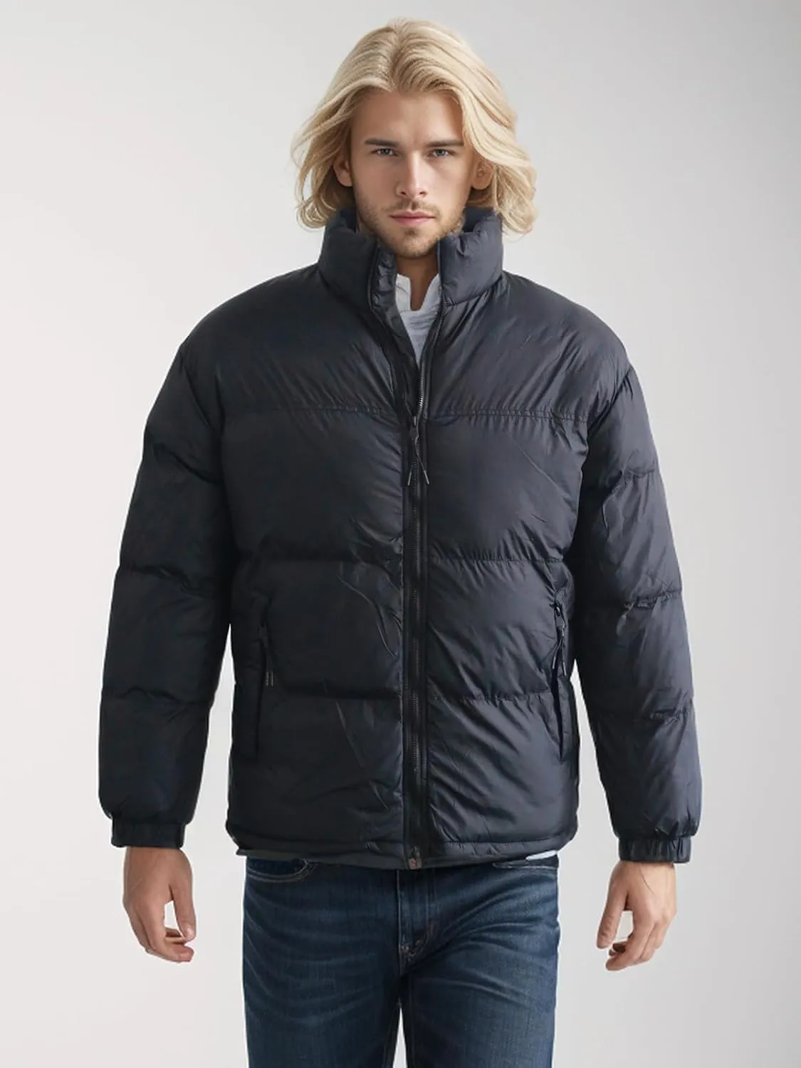 Men's Puffer Jacket Thickened Winter Coat Warm Stand Collar Color Block Zip Up Jacket Ski Bubble Coat