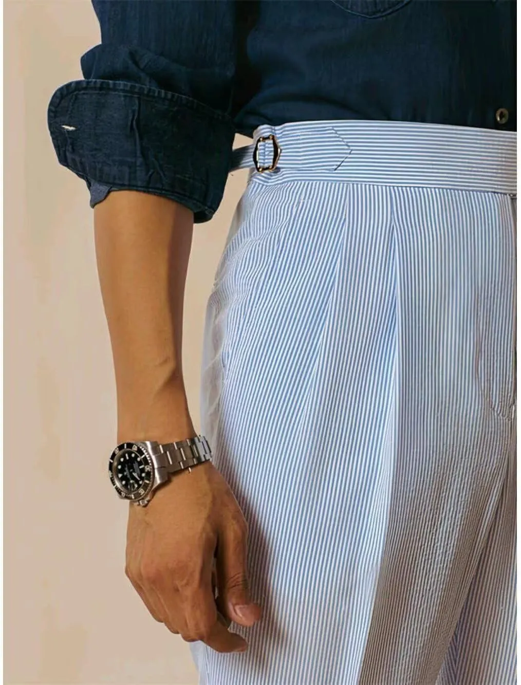 Men's Seersucker Casual Suit Pants Classic Fit Gurkha Dress Pant Spring Summer Beach Striped Trousers for Men