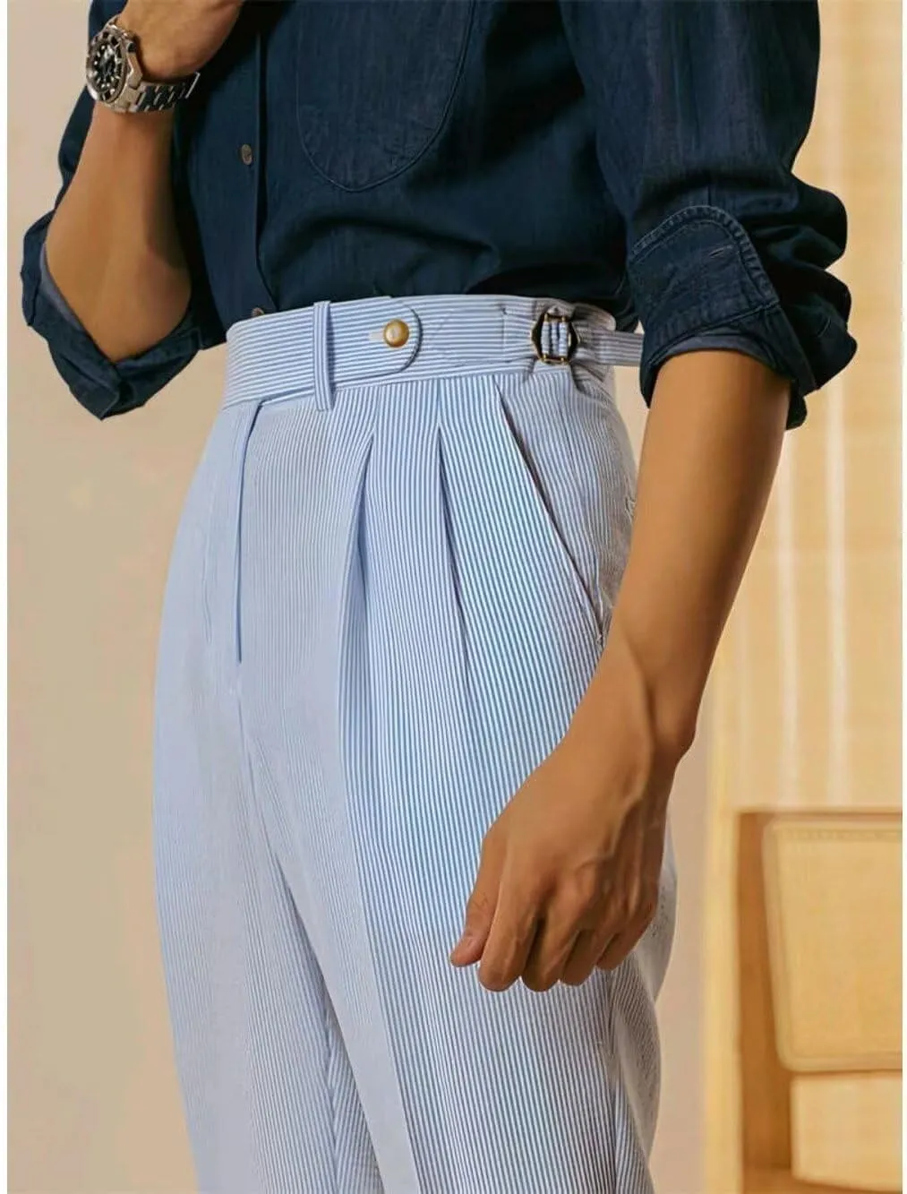 Men's Seersucker Casual Suit Pants Classic Fit Gurkha Dress Pant Spring Summer Beach Striped Trousers for Men