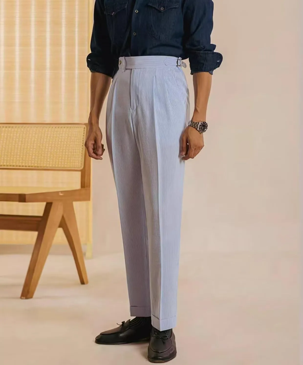 Men's Seersucker Casual Suit Pants Classic Fit Gurkha Dress Pant Spring Summer Beach Striped Trousers for Men