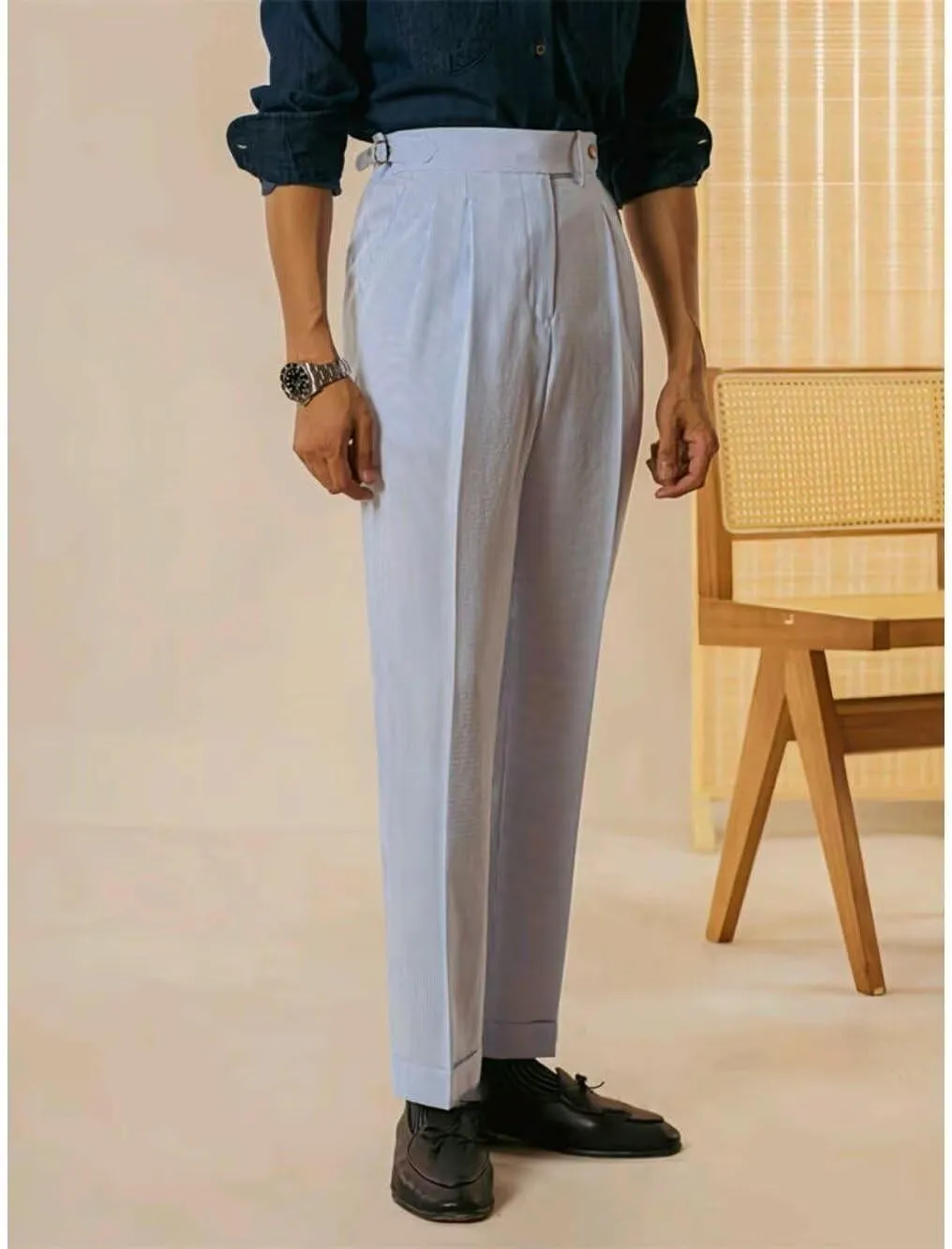 Men's Seersucker Casual Suit Pants Classic Fit Gurkha Dress Pant Spring Summer Beach Striped Trousers for Men