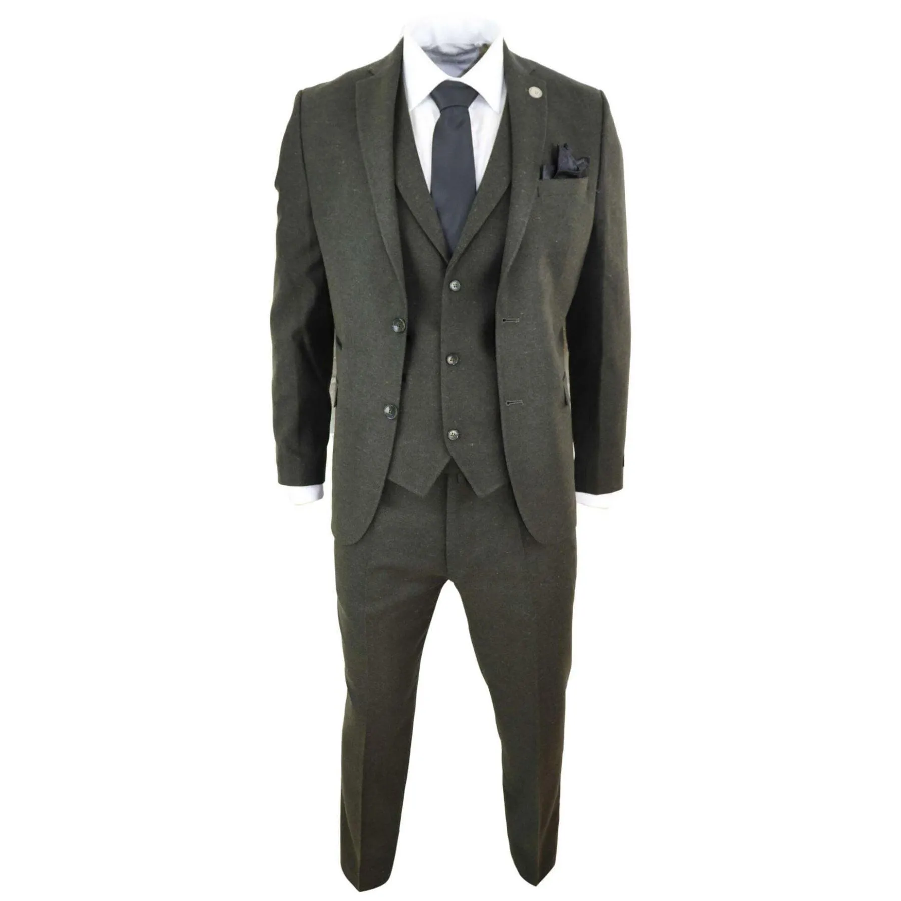 Mens Wool 3 Piece Suit Tweed Olive Green Black Tailored Fit Classic