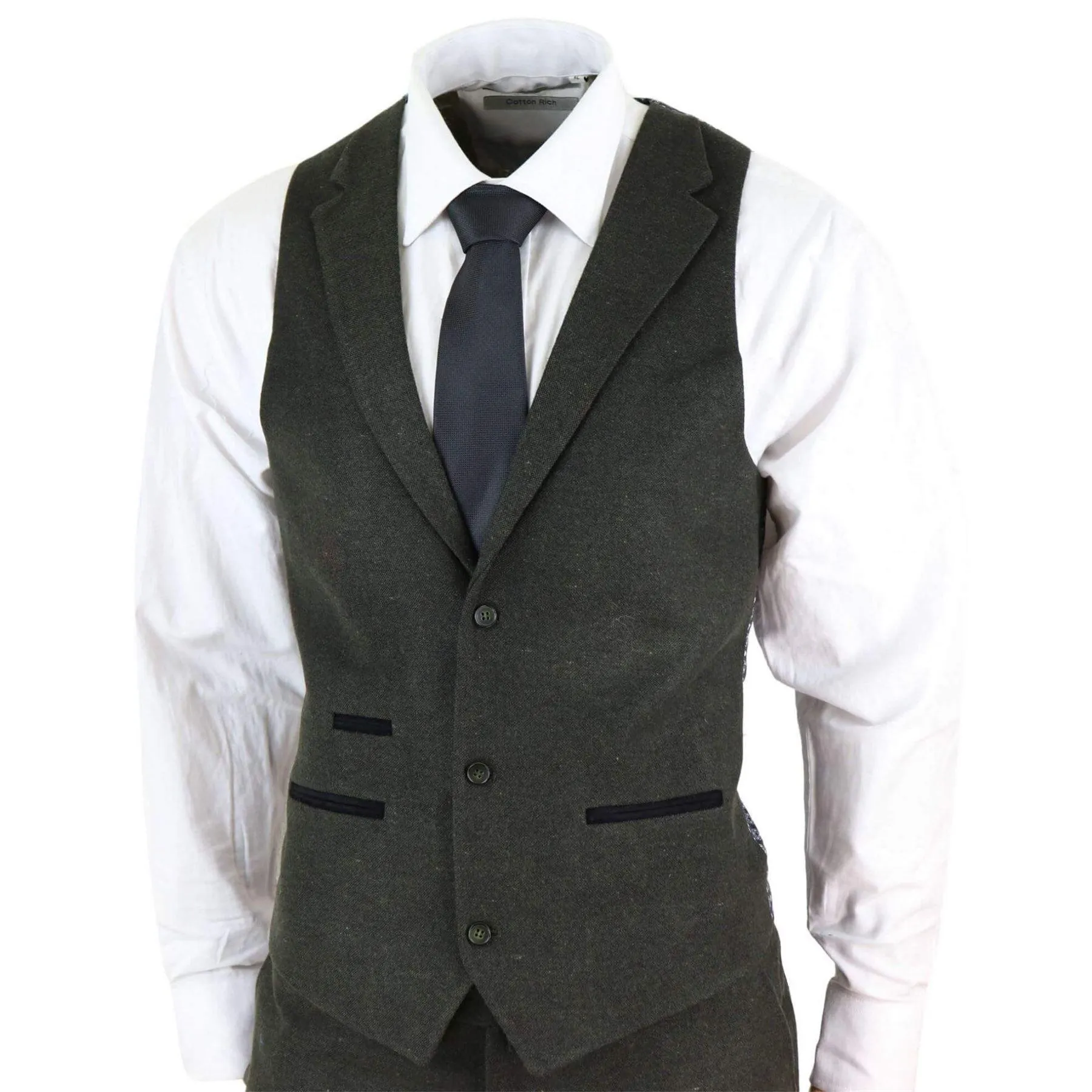 Mens Wool 3 Piece Suit Tweed Olive Green Black Tailored Fit Classic