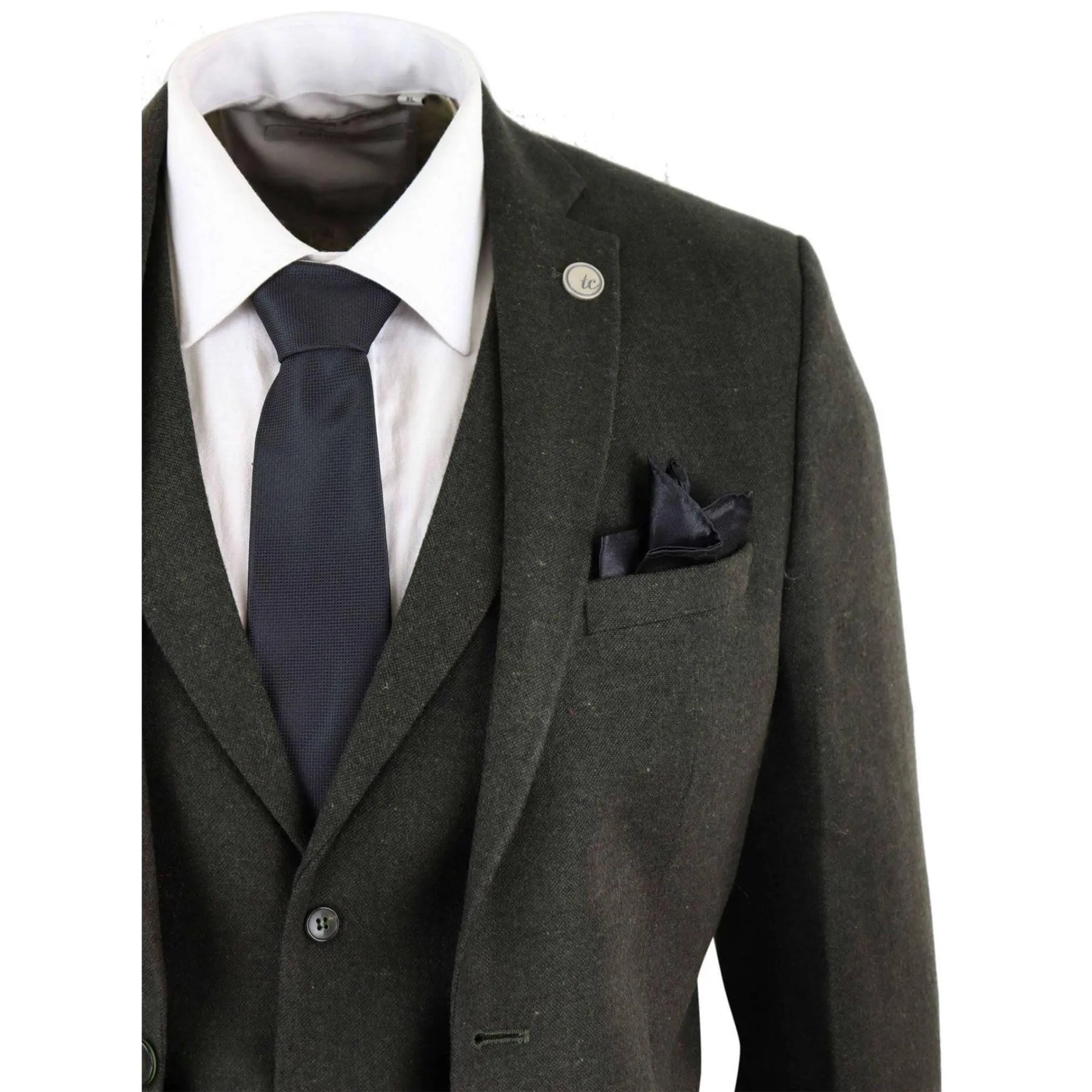 Mens Wool 3 Piece Suit Tweed Olive Green Black Tailored Fit Classic