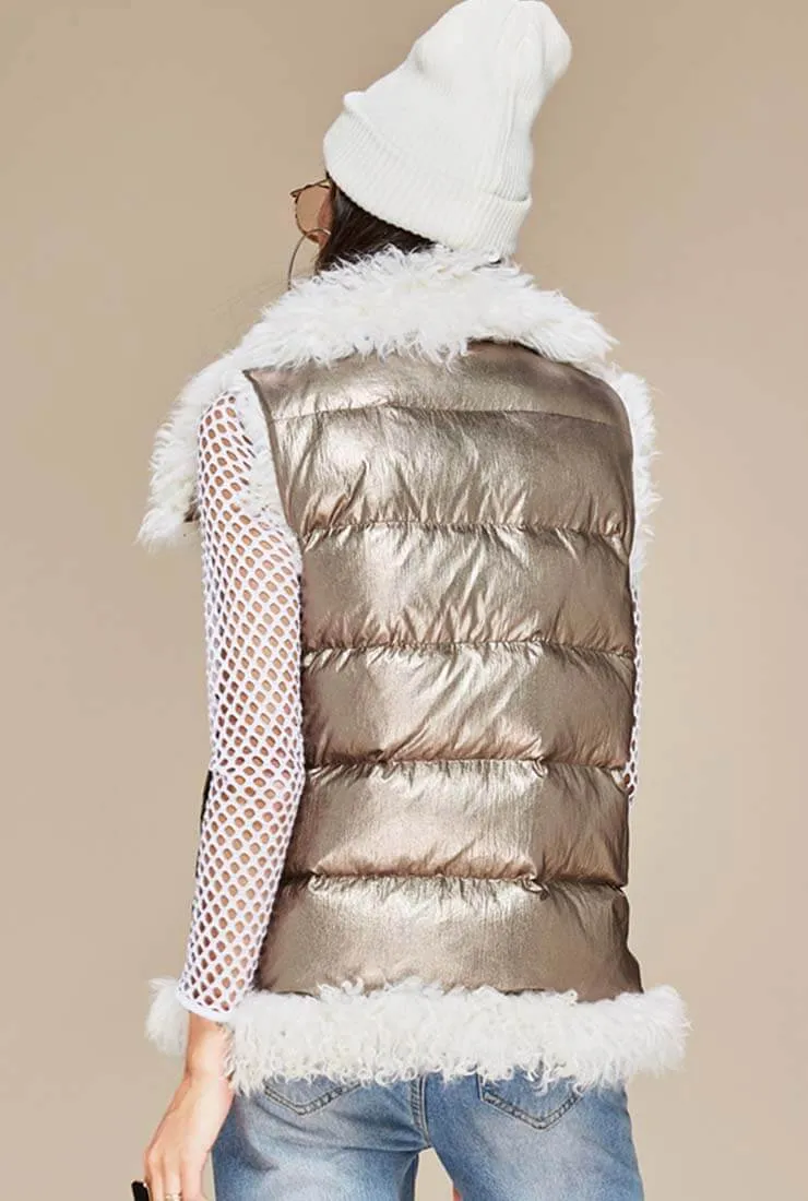 Metallic Lamb Hair Trim Down Vest