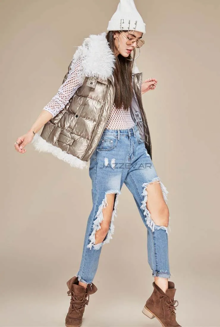 Metallic Lamb Hair Trim Down Vest