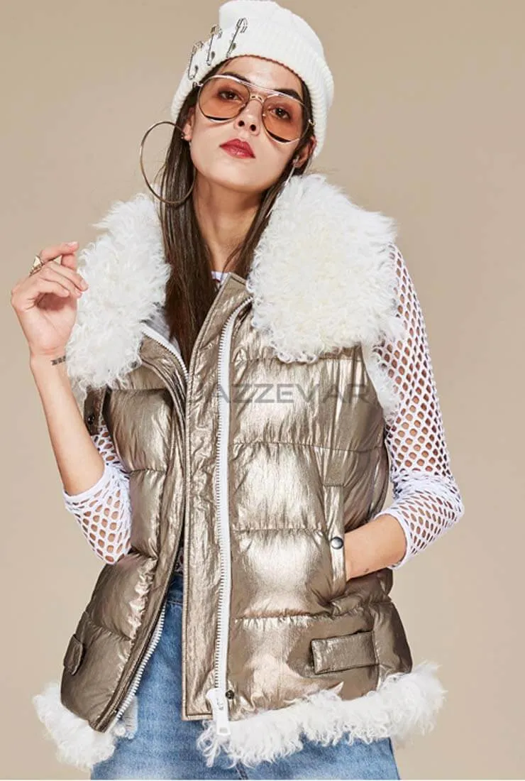 Metallic Lamb Hair Trim Down Vest
