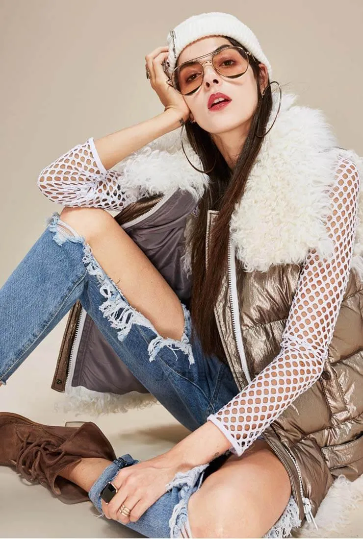 Metallic Lamb Hair Trim Down Vest