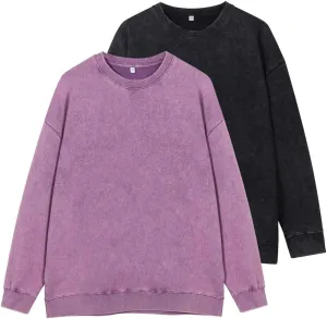 Mi Bo Tong Vintage Oversized Crewneck Sweatshirt for Men Trendy Streetwear Unisex Long Sleeves Acid Wash Tshirt