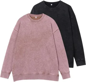 Mi Bo Tong Vintage Oversized Crewneck Sweatshirt for Men Trendy Streetwear Unisex Long Sleeves Acid Wash Tshirt