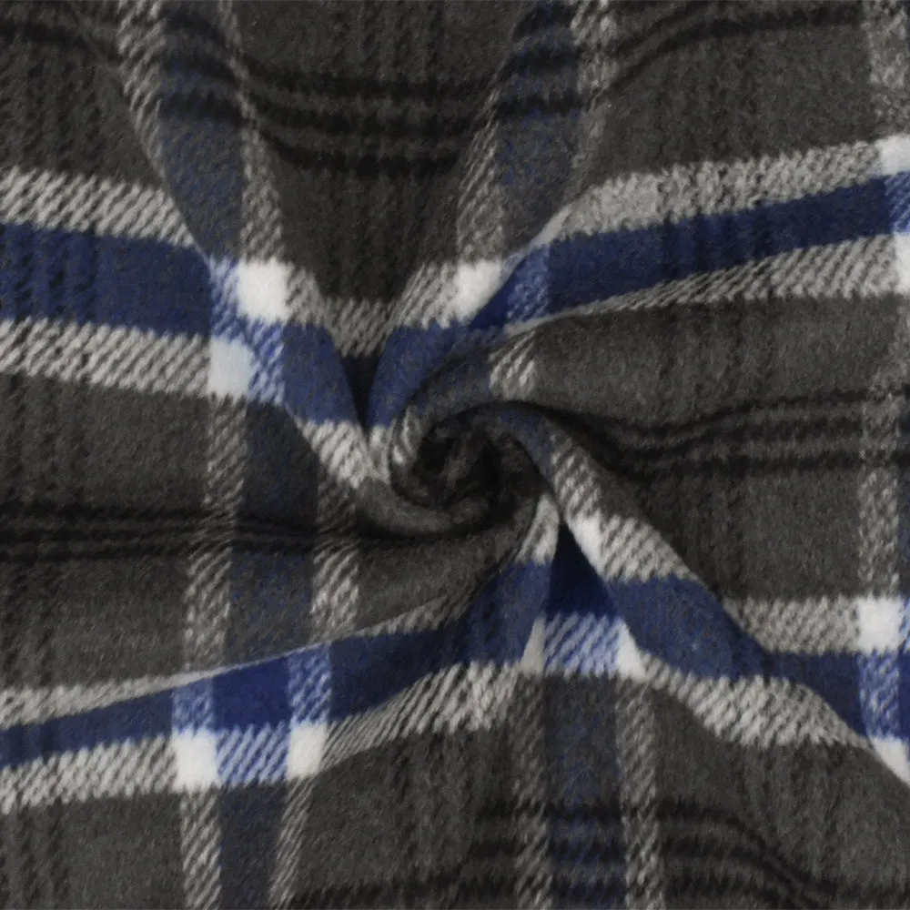 Mid Gray-Blue-Multi Plaid Wool-Rayon Brushed Twill Woven Jacketing Fabric