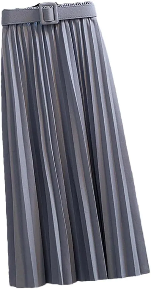 Mid-Length Pleated Skirt for Women Korean Elegant Solid A Line Belt High Waist Midi Long Skirt